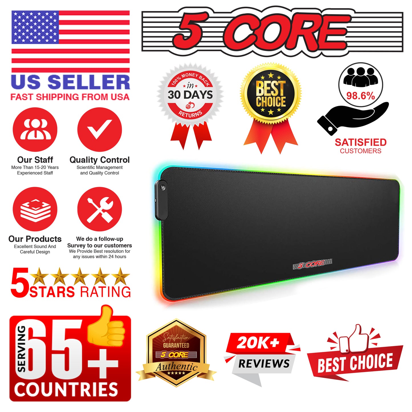 5 CORE Large RGB Gaming Mouse Pad Extended Soft Gaming LED Mouse Pad 31.5x11.8 5 Inch with 12 Lighting Modes Stitched Edges and Non-Slip Rubber Base Oversized Glowing KBP 800 RGB