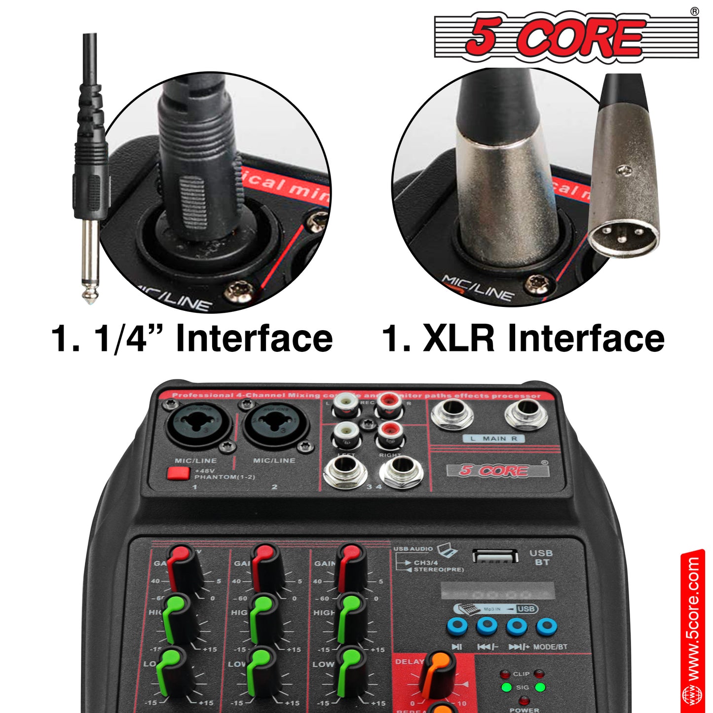 5 Core Audio Interface Mixer 4 Channel PC XLR Bluetooth USB DJ Music Podcast Karaoke Sound Board - MX 4CH