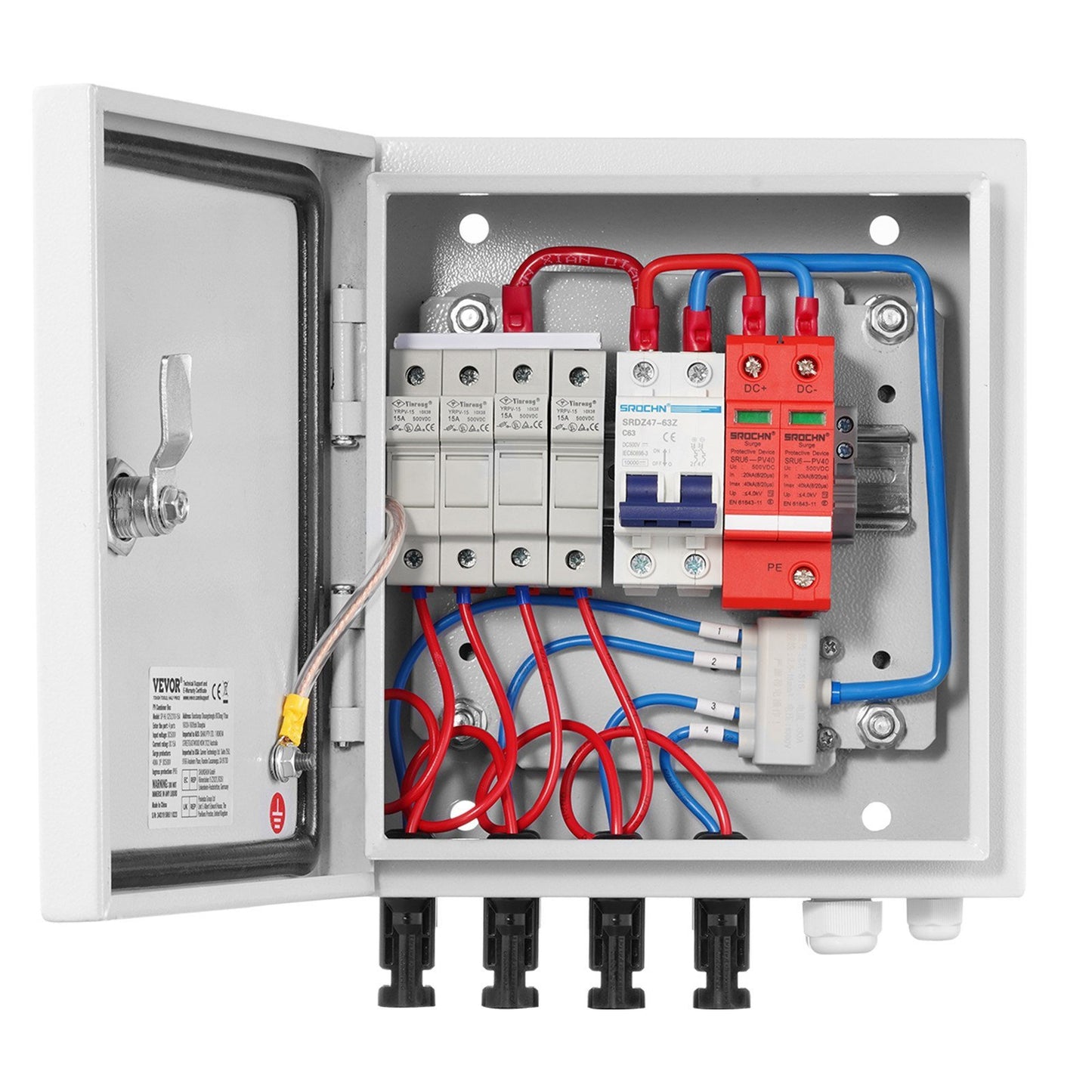 Solar PV Combiner Box 4 String 15A for Solar Panel System Steel Case IP65