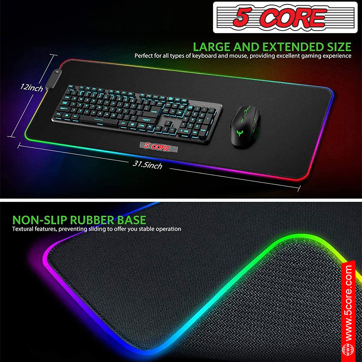 5 CORE Large RGB Gaming Mouse Pad Extended Soft Gaming LED Mouse Pad 31.5x11.8 5 Inch with 12 Lighting Modes Stitched Edges and Non-Slip Rubber Base Oversized Glowing KBP 800 RGB