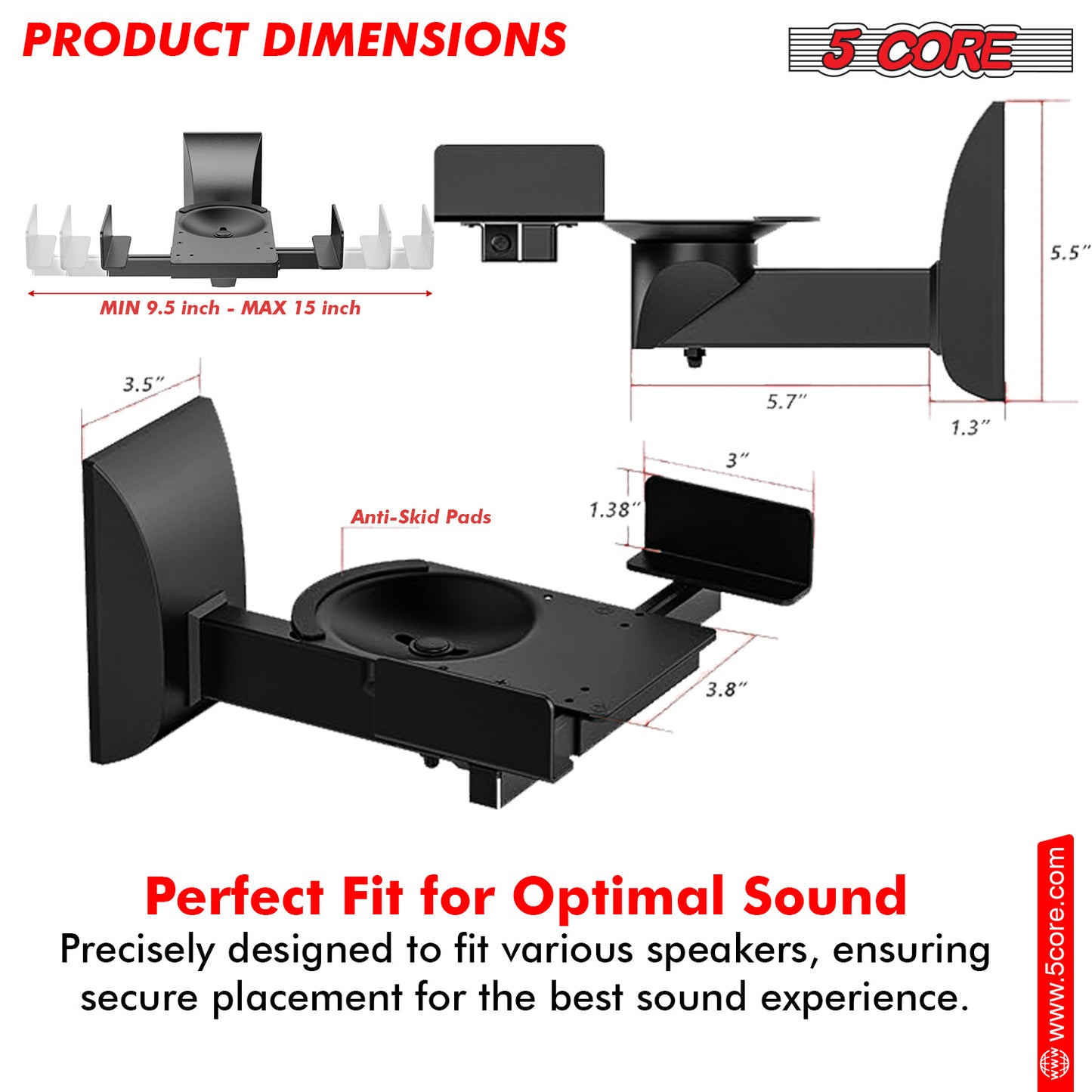 5 Core Speaker Wall Mount Adjustable Shelf Holder Swivel 180 Degree Bookshelf Brackets - 15 Inch Space for Speakers Pair Holds Upto 55lbs - WST 04-15 Pair