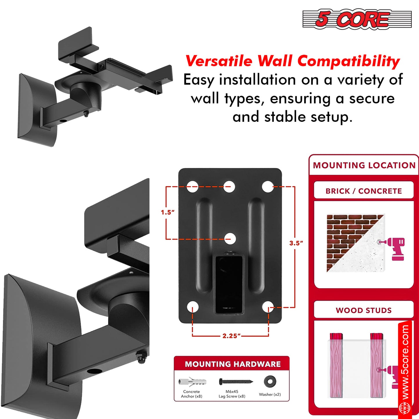 5 Core Speaker Wall Mount Adjustable Shelf Holder Swivel 180 Degree Bookshelf Brackets - 15 Inch Space for Speakers Pair Holds Upto 55lbs - WST 04-15 Pair