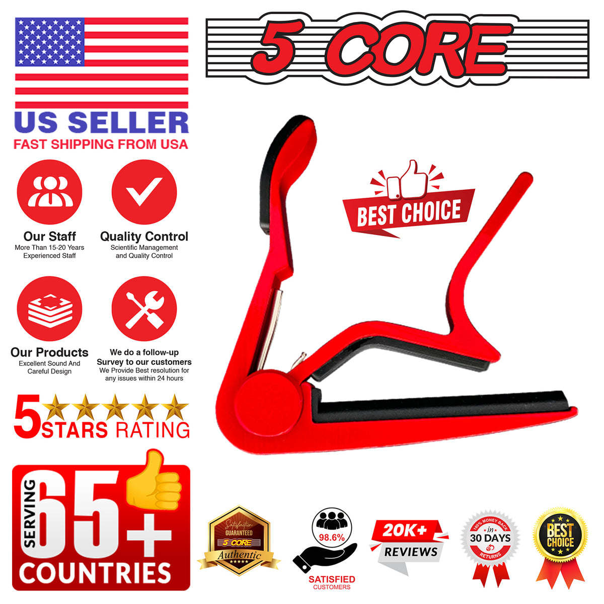 5 Core Capo Acoustic Electric Guitar 6 String Kapo Classic Clip For Banjo Mandolin Ukulele- CAPO RED