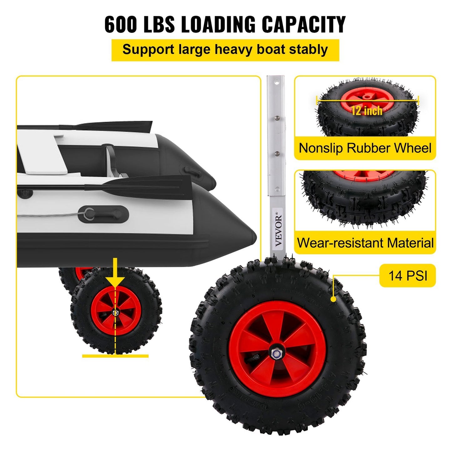 Boat Launching Wheels, 12" Boat Transom Launching Wheel, 600 LBS Loading Capacity Inflatable Boat Launch Wheels, Aluminium Alloy Transom Launching Dolly Wheels with 4 PCS of Quick Release Pins