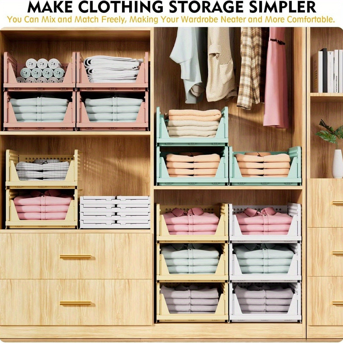 4/8/12/16 Pack Stackable Closet Storage Basket, Multifunctional & Foldable Closet Organizer for Bathroom Kitchen Laundry Room Wardrobe Storage, Space-Saving Clothes Storage Drawer Organizer, White