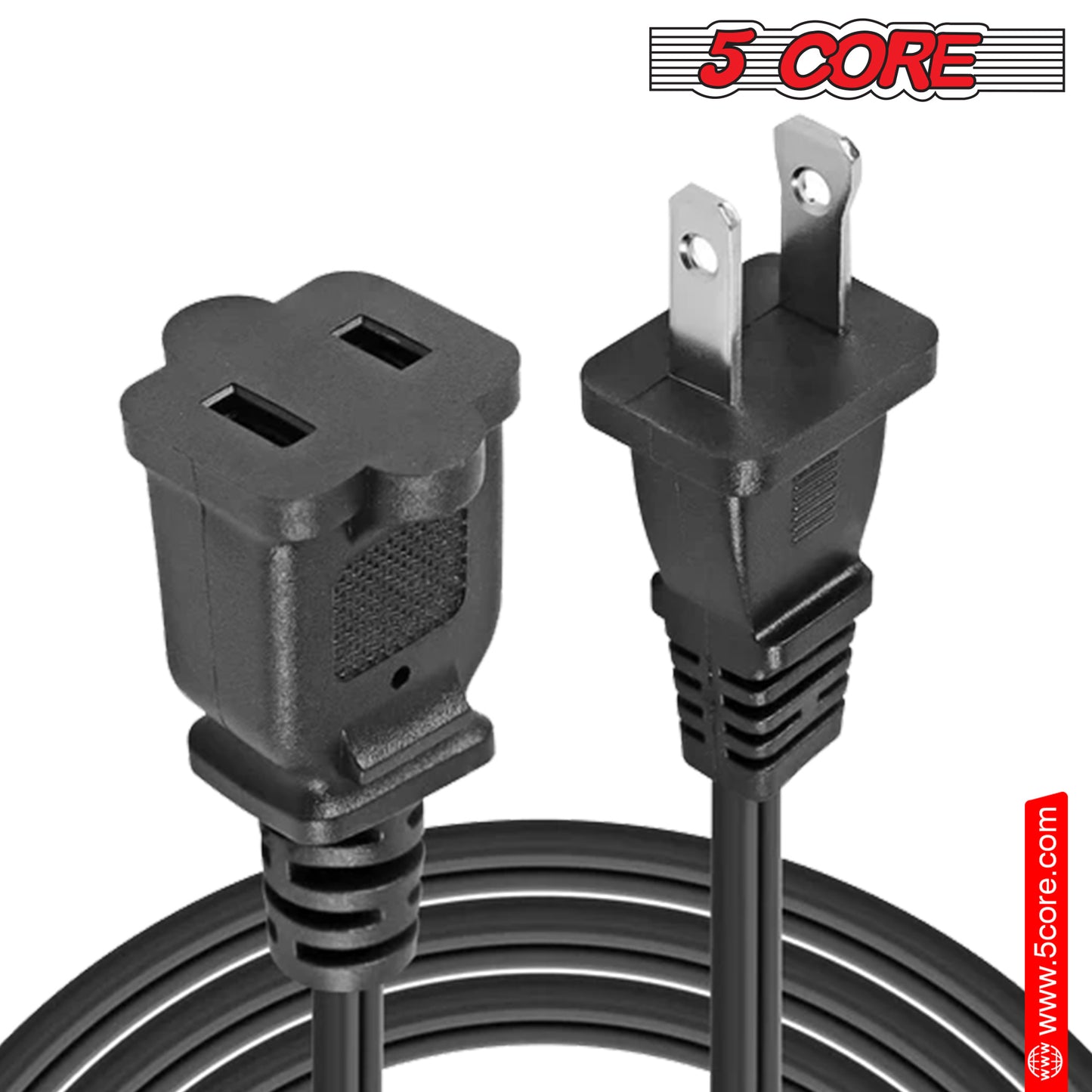 5 Core AC Power Cord 12 Ft • 2 Prong Extension Adapter • 16AWG/2C 125V 13A • US Polarized Male to Female Outlet Extension Cable Black- EXC BLK 12FT