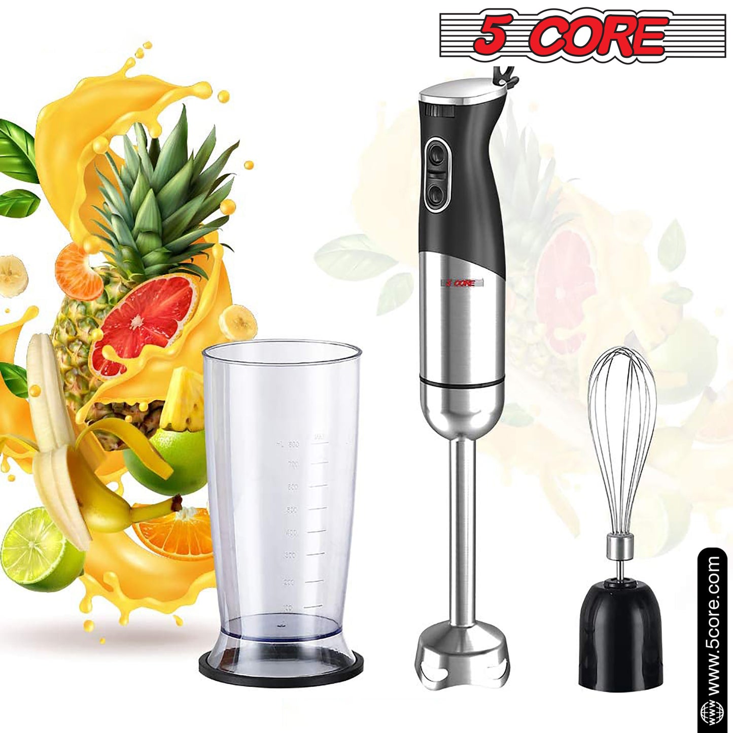 5 Core Handheld Blender 3 IN 1, Electric Hand Held Blenders 500W| Immersion 800ml Beaker & Whisk| 9 Speed Heavy Duty Stick, Stainless Steel Blades for Smoothies Puree Baby Food and Soups- HB1516 New