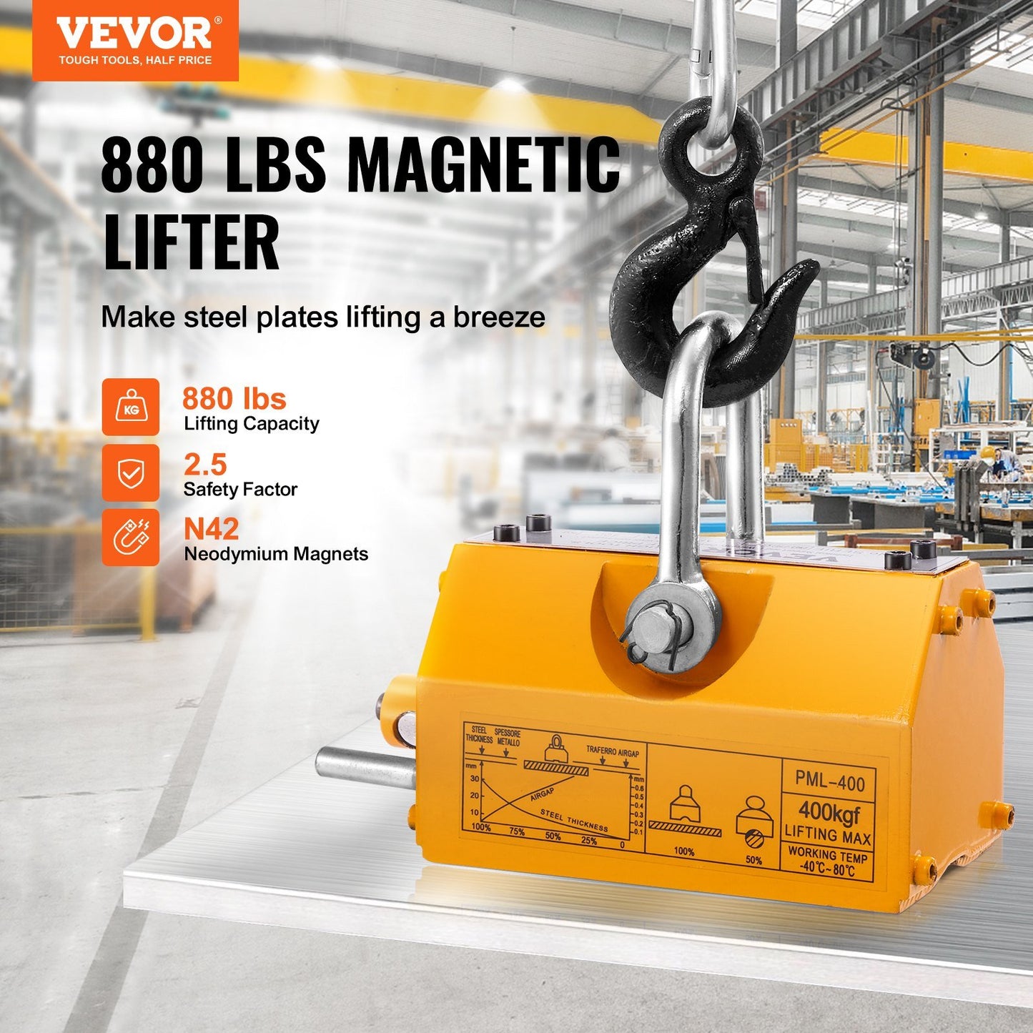 Magnetic Lifter, 880 lbs/400 kg Pulling Capacity, 2.5 Safety Factor, Neodymium & Steel, Lifting Magnet with Release, Permanent Lift Magnets, Heavy Duty Magnet for Hoist, Shop Crane, Block, Board