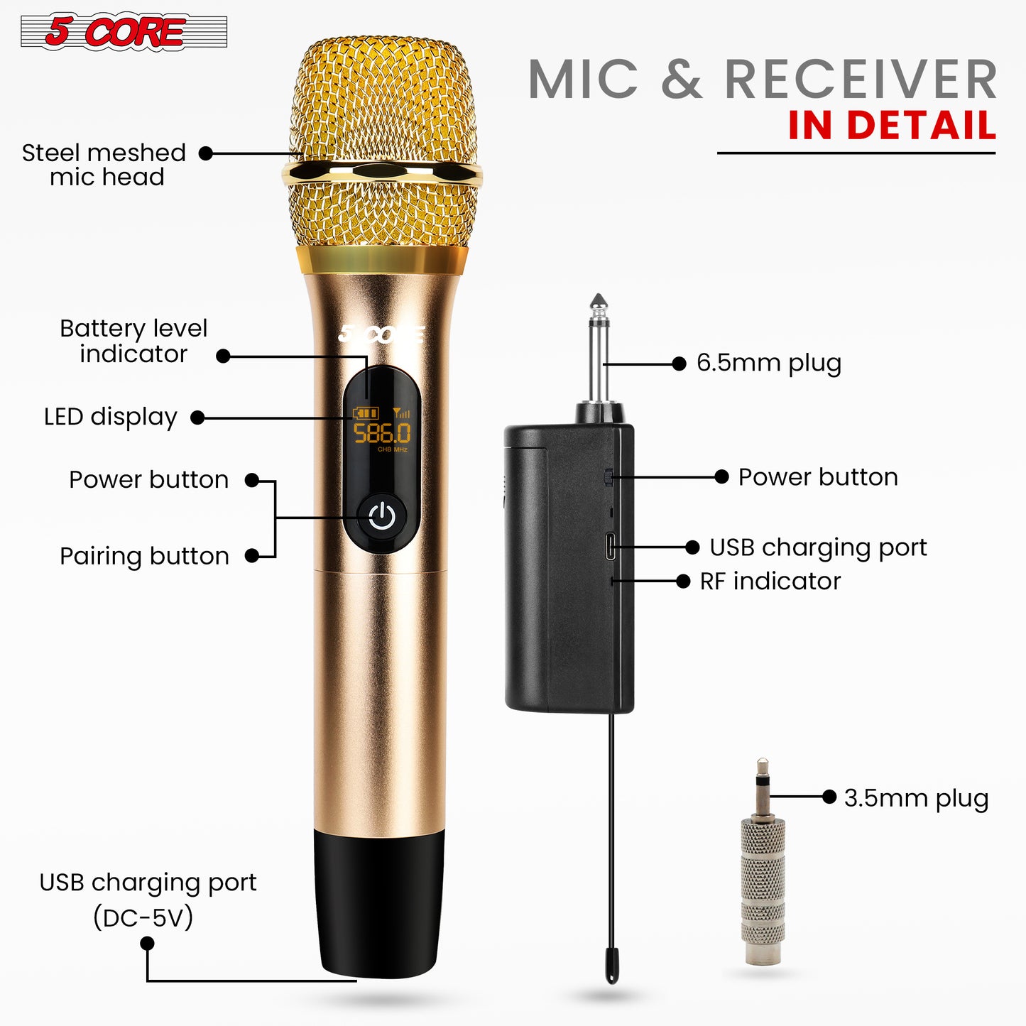 5 Core Wireless Microphones Pair UHF Professional Handheld Microfonos Inalambricos Dual Cordless Mic System for Karaoke Singing Wedding DJ Party Speech Church - WM UHF 02