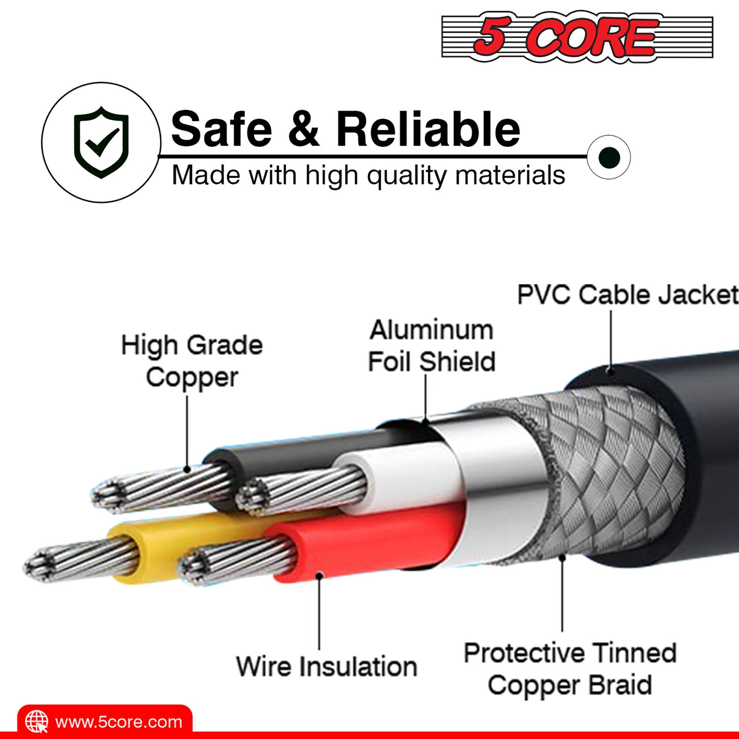 5 Core AC Power Cord 6 Ft • 2 Prong US Male to Female Extension Adapter • 16AWG/2C 125V 13A 1/2/5 Pc -  PP 1001