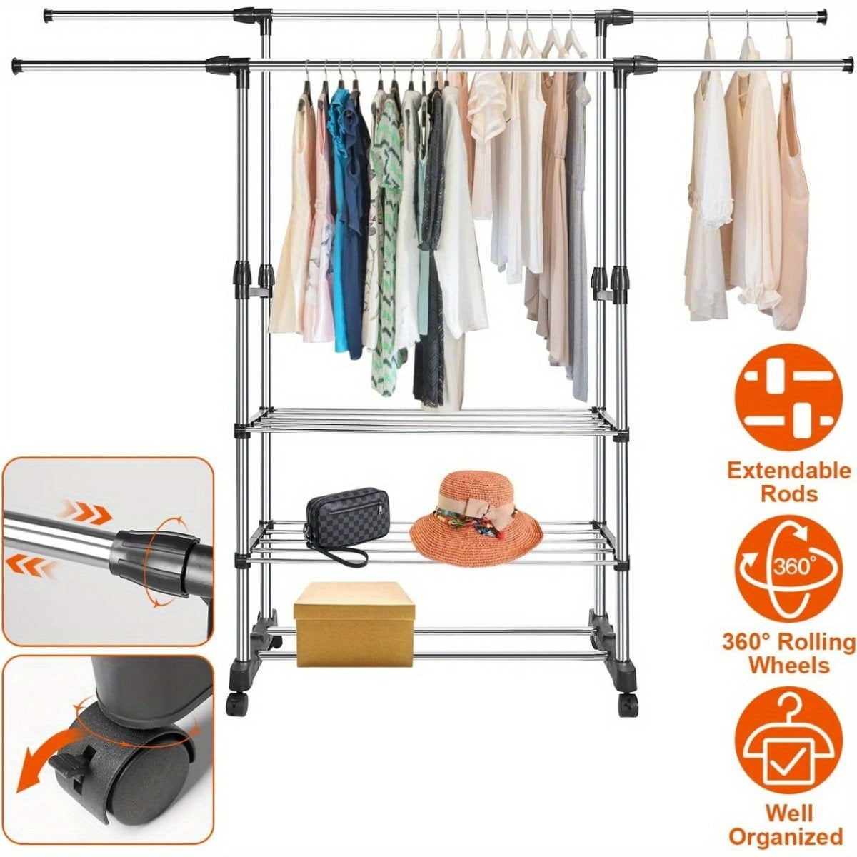 Extendable Double Rod Clothing Rack With Wheels For Hanging Clothes, Rolling Clothes Organizer On Lockable Wheels Mobile Hold