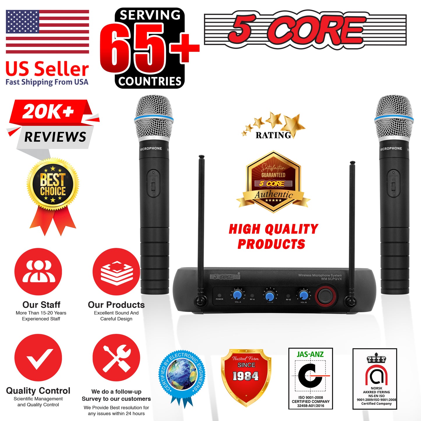 5 Core Professional Wireless Microphone System Dual with Case Easy Portability 200FT Range 2 Handheld Dynamic Cordless Mics for Meeting Conference Singing Home Karaoke DJ Wedding Church WM 5CPGVX