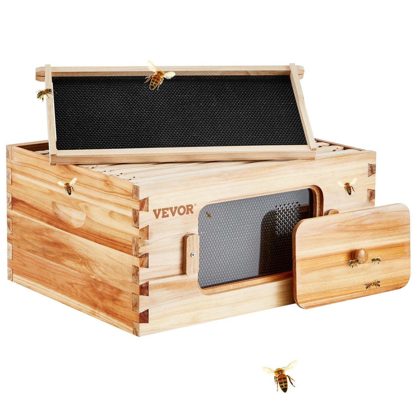 Bee Hive Deep Box Starter Kit, 100% Beeswax Coated Natural Cedar Wood, Langstroth Beehive Kit with 10 Frames and Foundations, Transparent Acrylic Bee Windows for Beginners and Pro Beekeepers