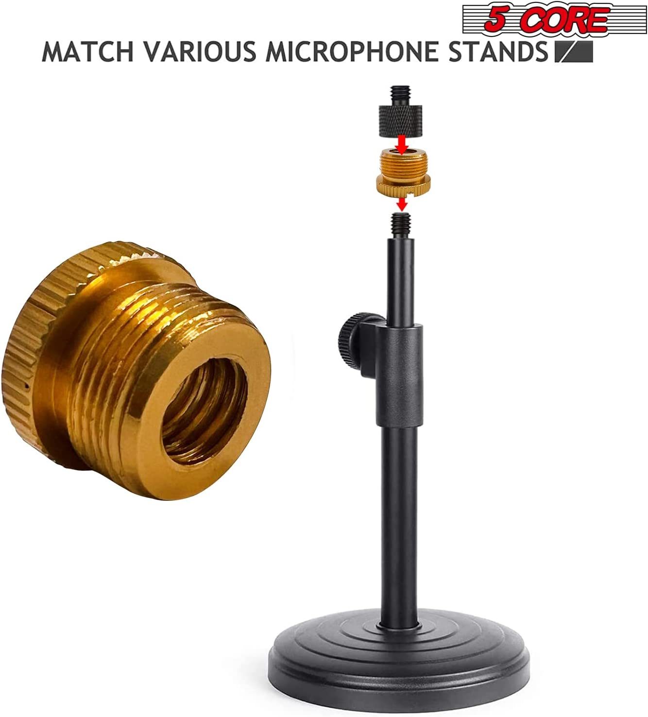 5 Core Mic Stand Adapter Pair 5/8 Male to 3/8 Female Screw Thread Conversion Connector for Microphone Stands Boom Arms Camera Tripod - MS ADP M GLD 2PCS