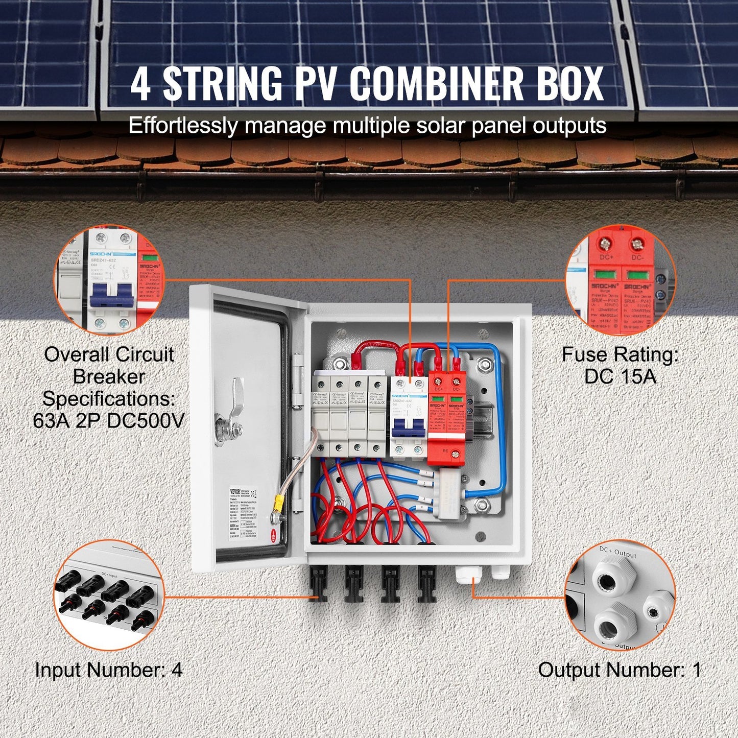 Solar PV Combiner Box 4 String 15A for Solar Panel System Steel Case IP65