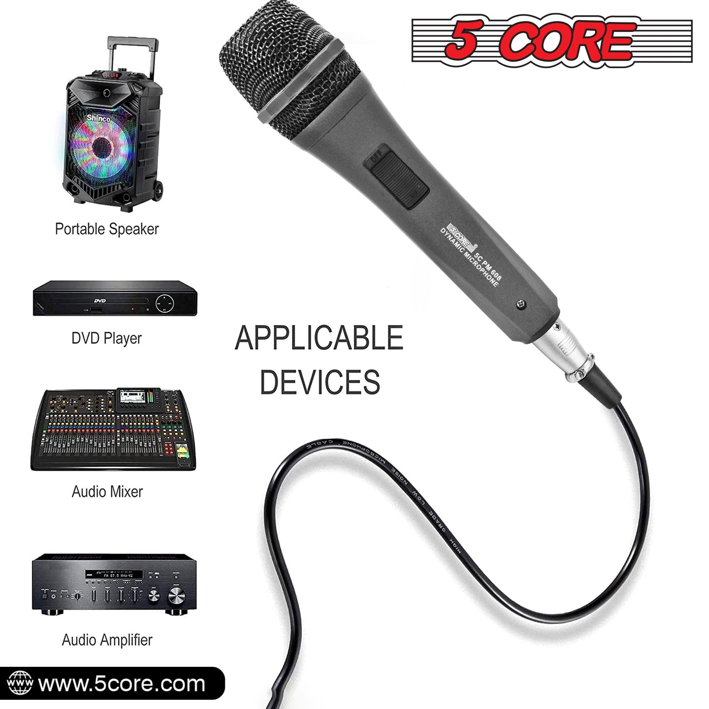 5 Core Microphone XLR Dynamic Mic Karaoke Singing Handheld Microfono Wired Professional Unidirectional 1/4 Plug In Cord Connection for Vocal DJ Music - PM 608