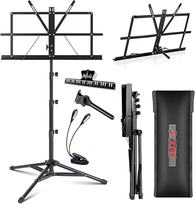 5 Core Music Stand 2 in 1 Dual Use Sheet Music Professional Portable Adjustable 27.6-67 Inch Folding Music Note Holder Tripod Stands - MUS FLD 4S BLK WLGT