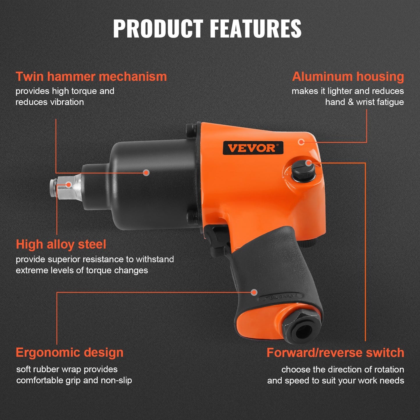 Air Impact Wrench, 1/2" Drive Air Impact Gun Up to 880ft-lbs Nut-busting Torque, 7500RPM Lightweight Pneumatic Tool for Auto Repairs and Maintenance