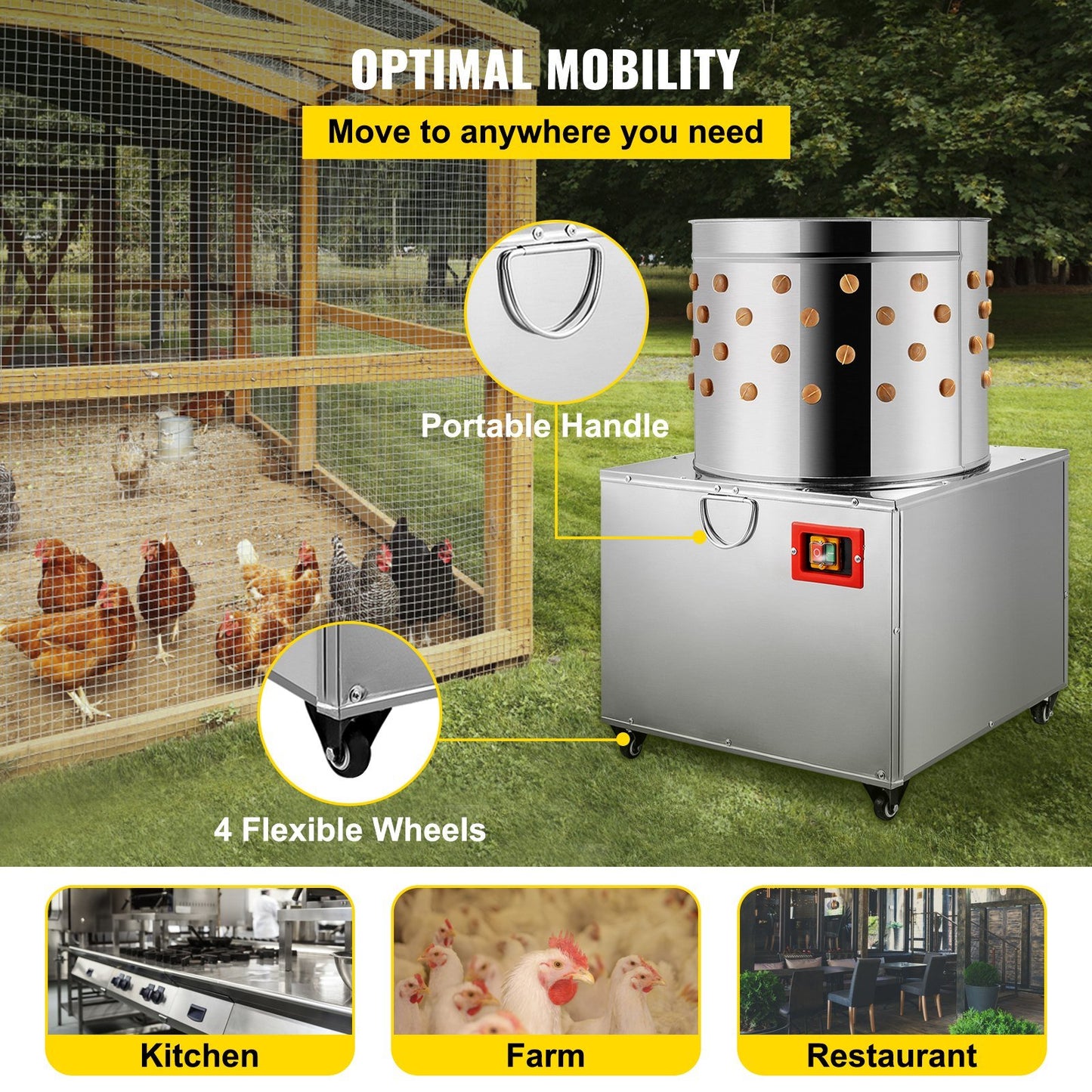 Stainless Steel Chicken Plucker 20Inch Barrel Diameter De-Feather Remover Poultry Machine 1500W 275R/min Barrel Diameter Heavy Duty Feather Plucking Machine