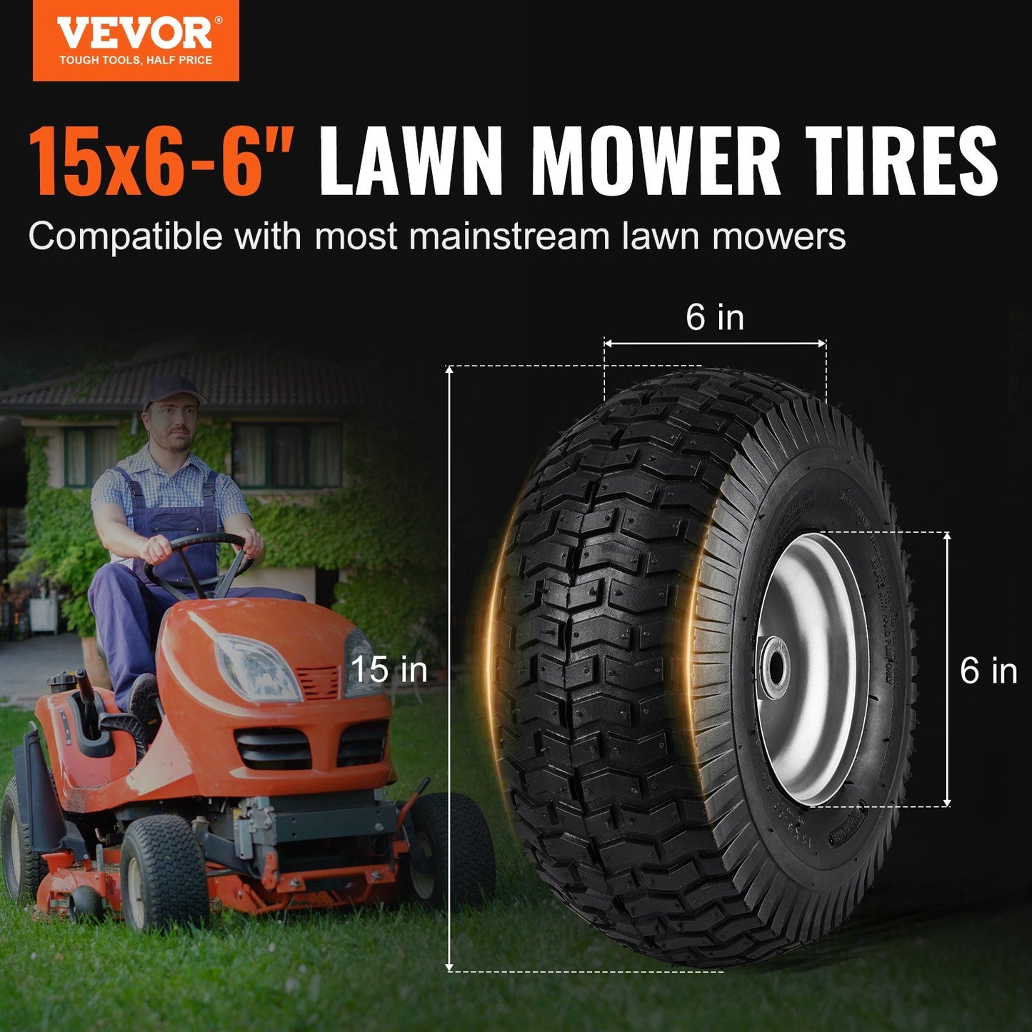 Lawn Mower Tires, 15x6-6" Lawn Tractor Tires, 2-Pack Tire and Wheel Assemblies, Turf Pneumatic Tires with 3" Centered Hub and 3/4" Bushing Size, 16 PCS Adapters for Riding Mowers Lawn Tractors