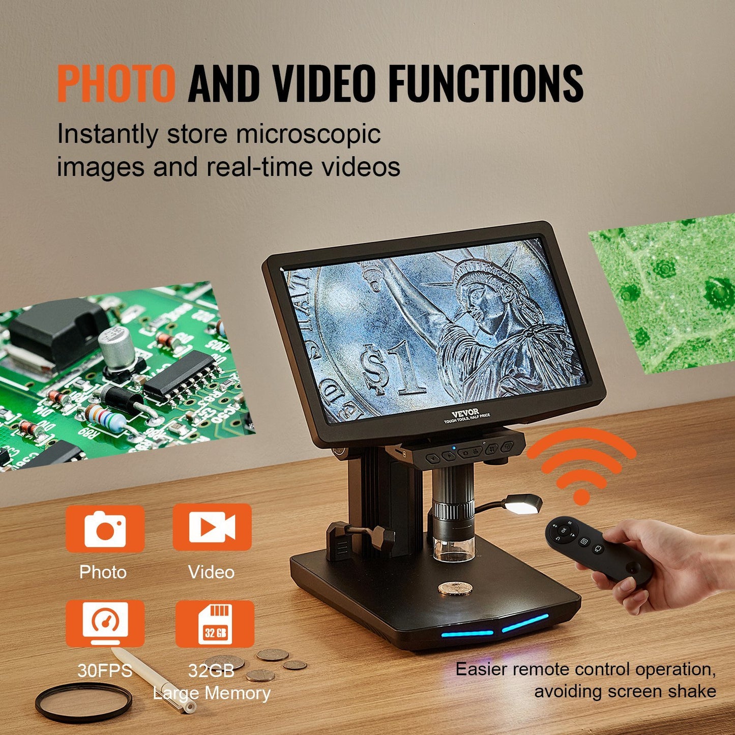 10.1" HDMI LCD Digital Microscope for Adults, Soldering Electron Microscope 1300X with IPS Screen, 8 LED Lights, 2 Flexible Side Lights, PC View, USB Coin Microscope for Windows/MacOS/TV, 32GB