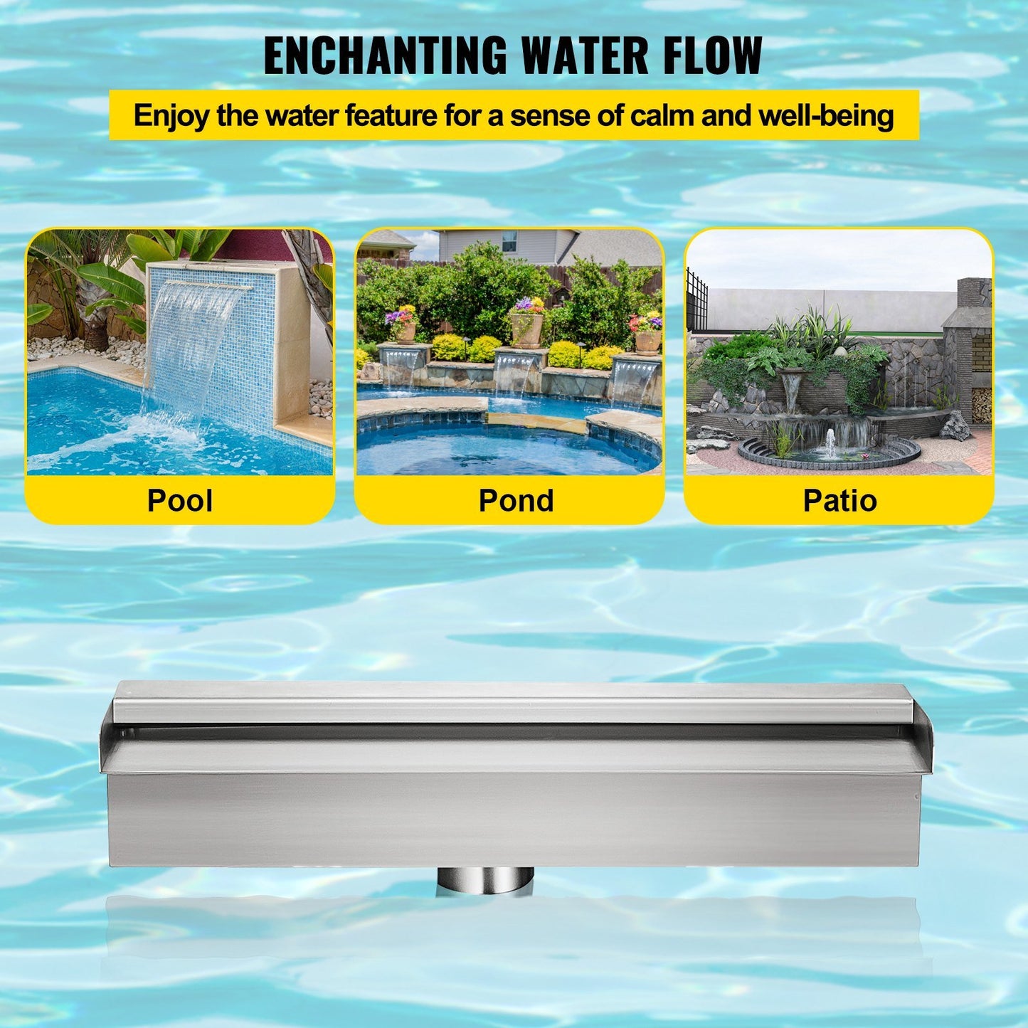 Pool Fountain Stainless Steel Pool Waterfall Spillway with Pipe Connector Rectangular Garden Outdoor (17.7")