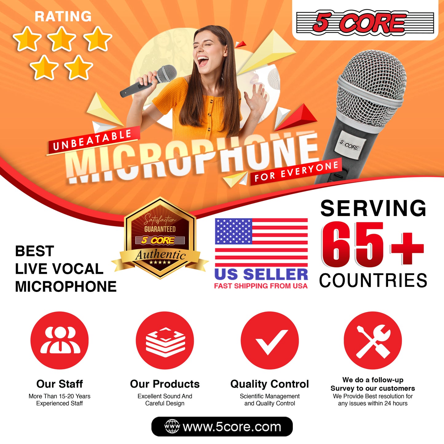 5 Core Microphone XLR Dynamic Mic Karaoke Singing Handheld Microfono Wired Professional Unidirectional 1/4 Plug In Cord Connection for Vocal DJ Music - PM 18