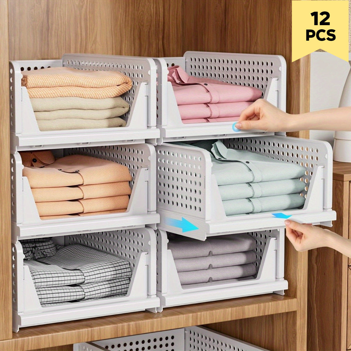 4/8/12/16 Pack Stackable Closet Storage Basket, Multifunctional & Foldable Closet Organizer for Bathroom Kitchen Laundry Room Wardrobe Storage, Space-Saving Clothes Storage Drawer Organizer, White