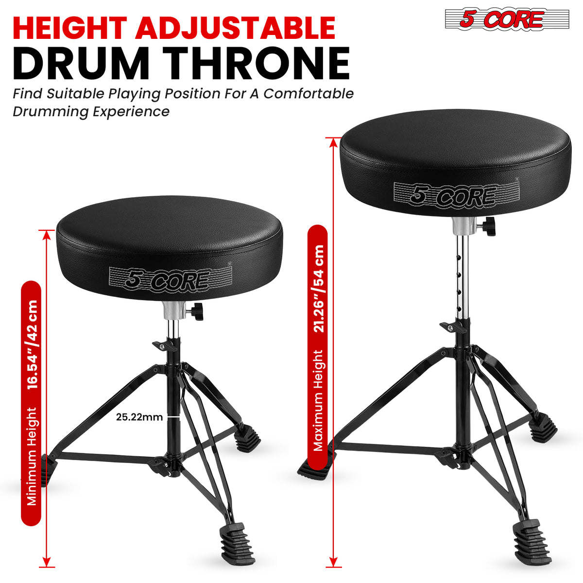 5 Core Drum Throne Padded Guitar Stool Height Adjustable Drummer Seat Music Chair for Adults And Kids - BLACK