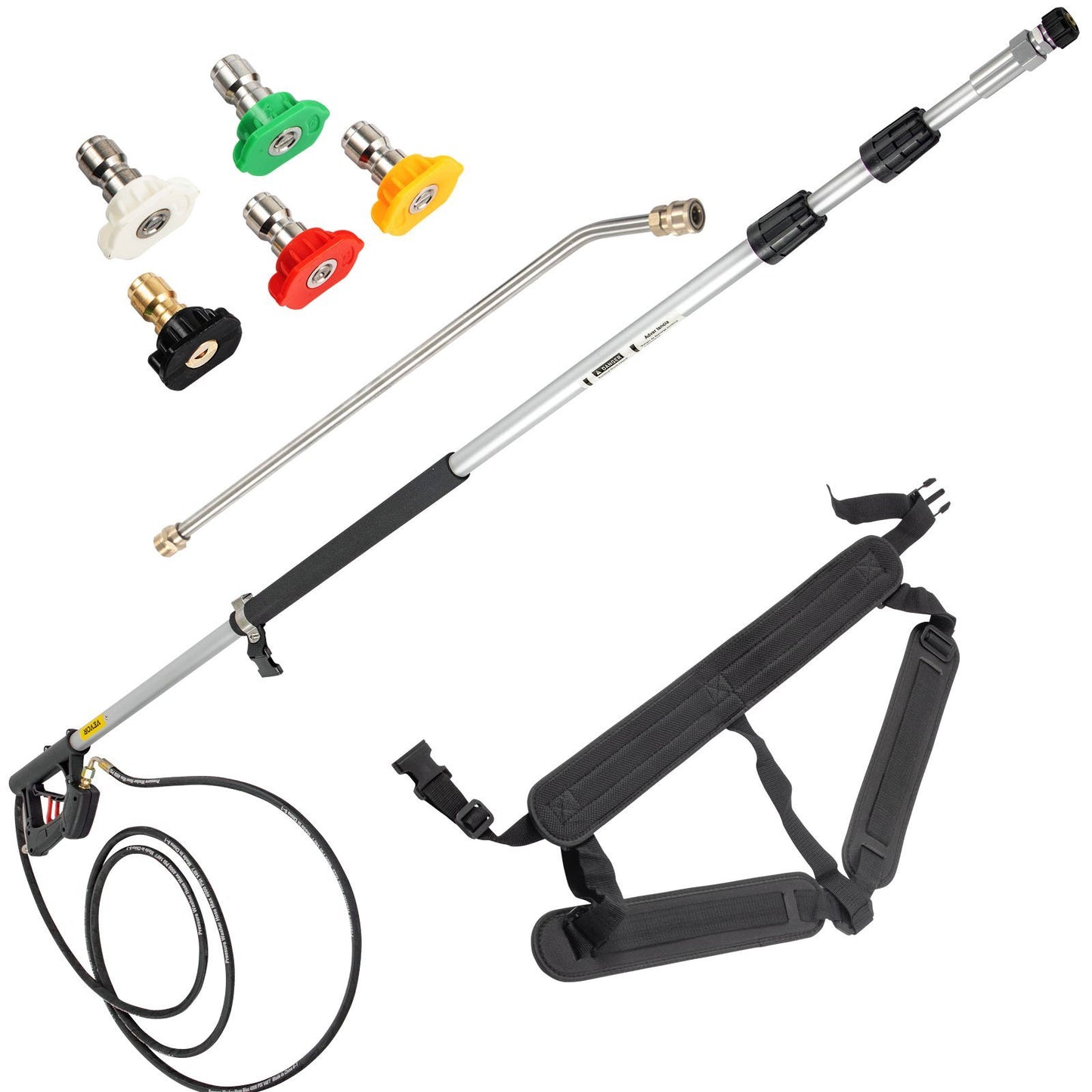 Telescoping Pressure Washer Wand; 18ft Length Adjustable Power Washer Extension Wand; 4000PSI 9GPM Power Cleaning Tools w/ Strap Belt; 5 Nozzle Tips; 3/8'' & 1/4'' Quick Connectors