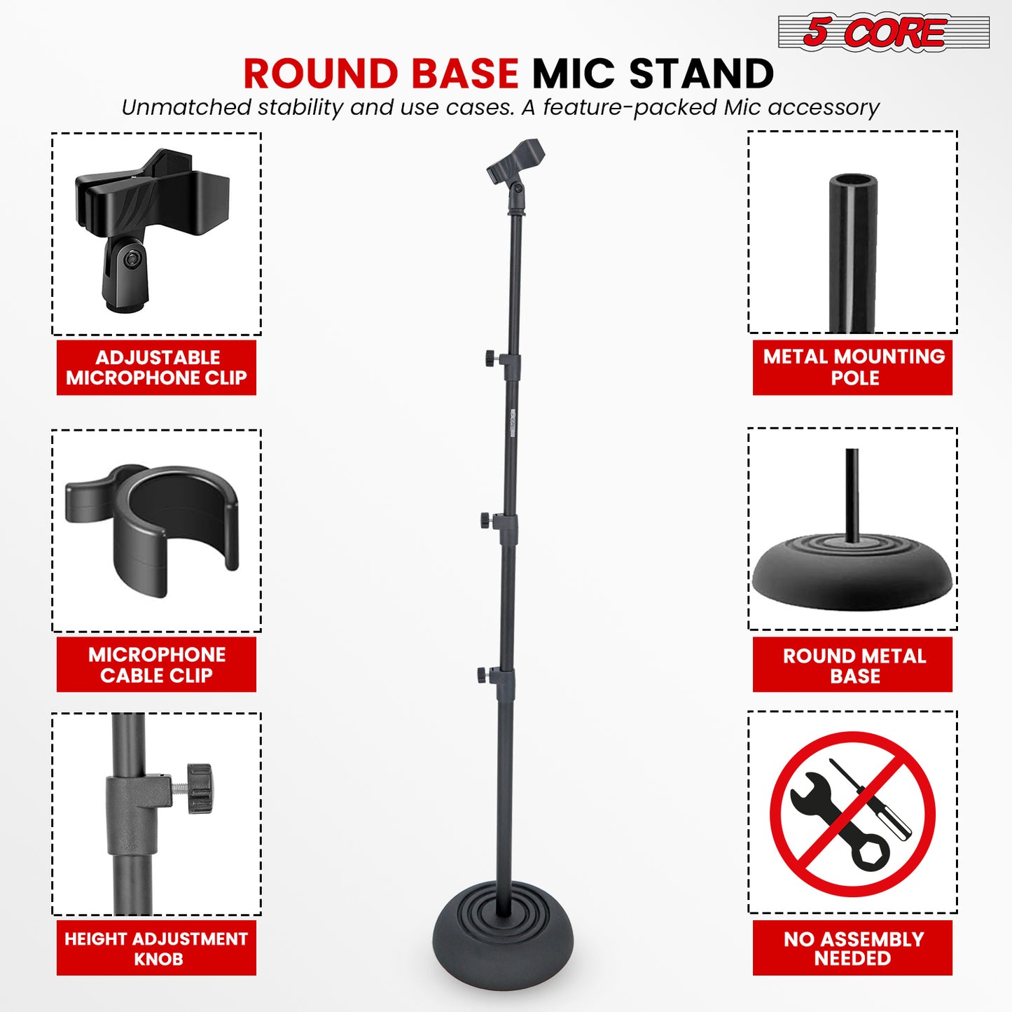 5Core Mic Stand Floor Adjustable Universal Heavy Duty Microphone Stands Round Base Soporte De micrófono - MS RBP 3T