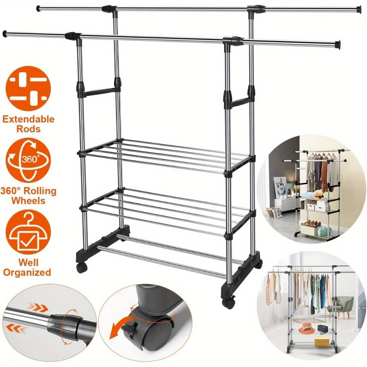 Extendable Double Rod Clothing Rack With Wheels For Hanging Clothes, Rolling Clothes Organizer On Lockable Wheels Mobile Hold