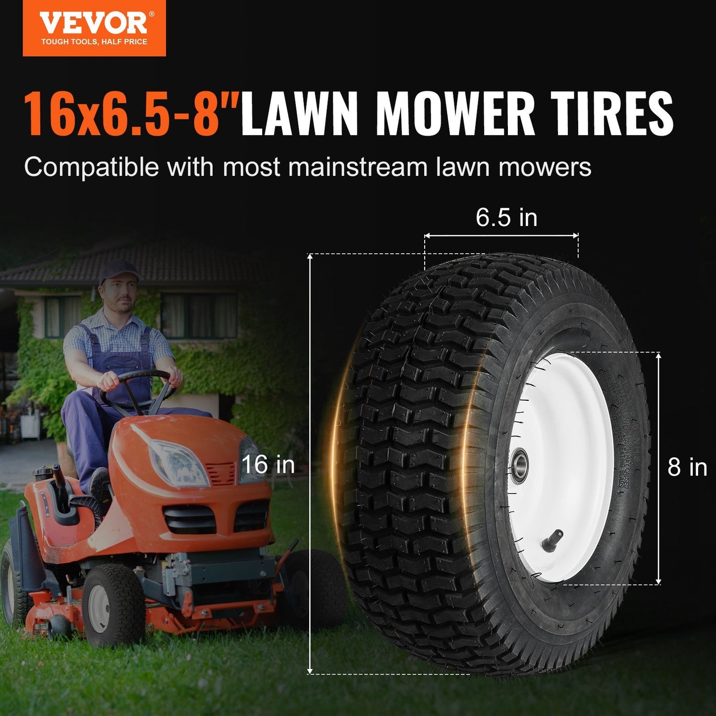 Lawn Mower Tires with Rim, 16x6.5-8" Tubeless Tractor Tires, 2-Pack Tire and Wheel Assembly, Turf Pneumatic Tires, 3" Offset Hub, 3/4" Bushing Size, 16 PCS Adapters for Riding Mower Lawn Tractor