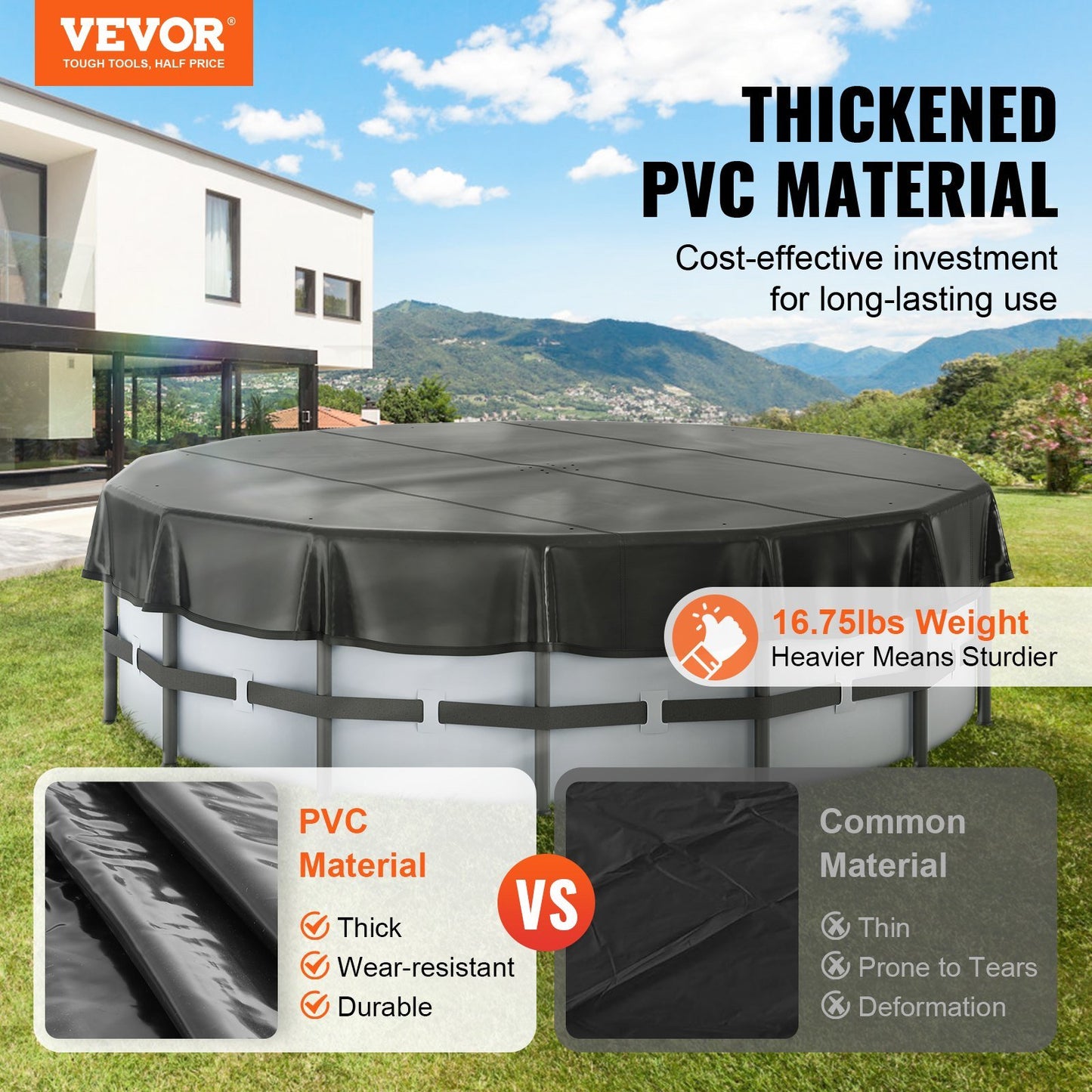 15 Ft Round Pool Cover, Solar Covers for Above Ground Pools, Safety Pool Cover with Drawstring Design, PVC Summer Pool Cover, Waterproof and Dustproof, Black