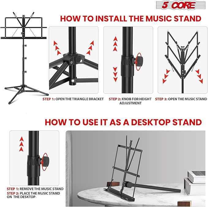 5 Core Music Stand 2 in 1 Dual Use Sheet Music Professional Portable Adjustable 27.6-67 Inch Folding Music Note Holder Tripod Stands - MUS FLD 4S BLK WLGT