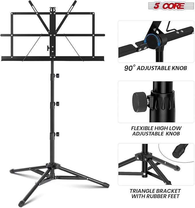 5 Core Music Stand 2 in 1 Dual Use Sheet Music Professional Portable Adjustable 27.6-67 Inch Folding Music Note Holder Tripod Stands - MUS FLD 4S BLK WLGT