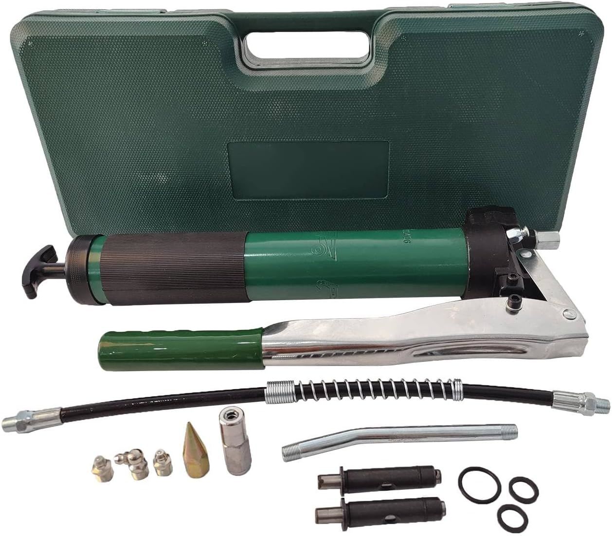 Lever Handle High Pressure System Grease Gun, Grease Gun Includes 12" Reinforced Flex Hose & 7" Rigid Extension, Heavy Duty 600CC 10000 PSI Resistant zinc alloy(Locks on, Stays on, Won't Leak)