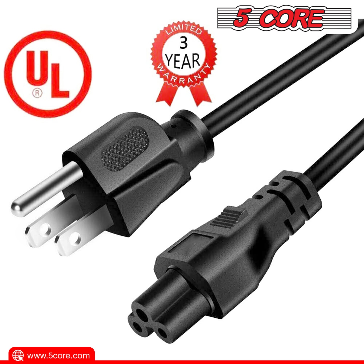 5 Core 12ft 3 Prong Non-Polarized AC Wall Power Cable Cord for HP Dell Samsung Sony Asus Acer Toshiba Laptop Charger LED LCD Monitor Replacement Power Cord PL 1002