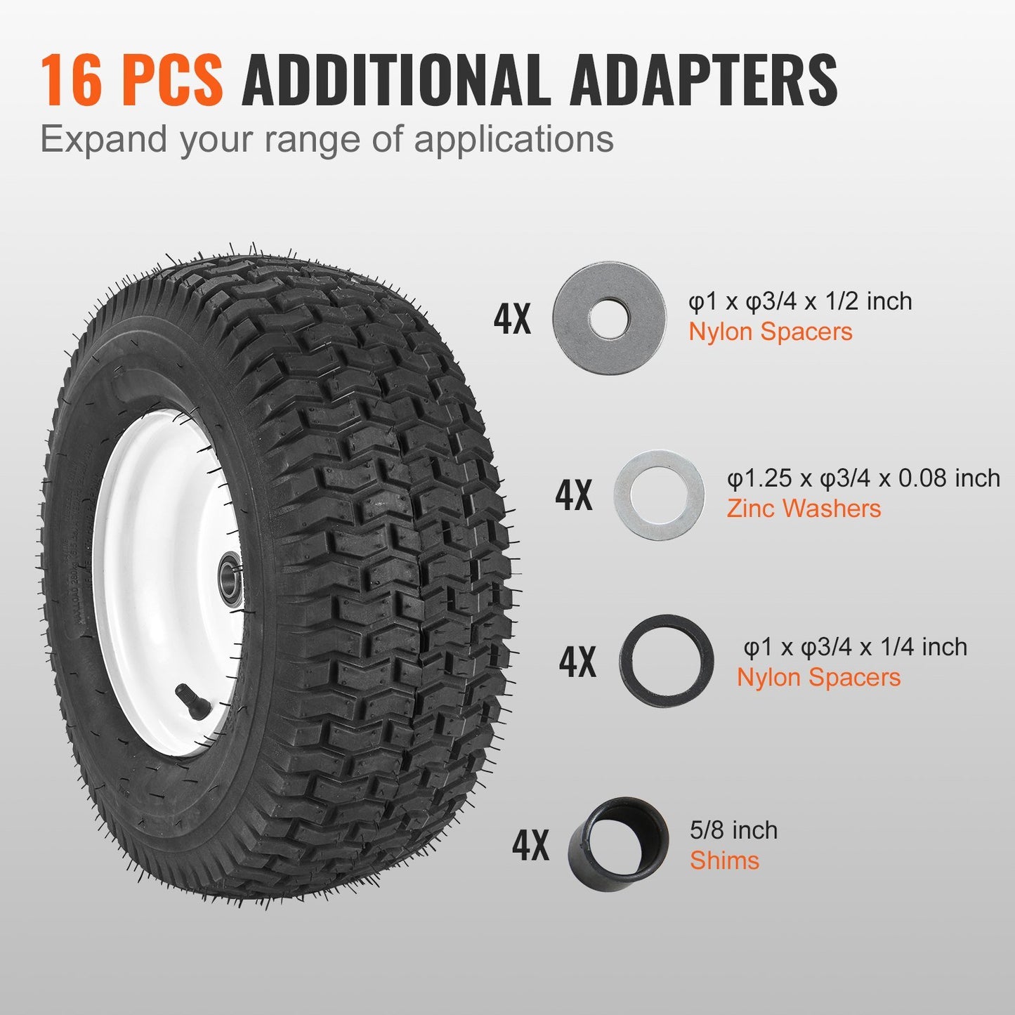 Lawn Mower Tires with Rim, 16x6.5-8" Tubeless Tractor Tires, 2-Pack Tire and Wheel Assembly, Turf Pneumatic Tires, 3" Offset Hub, 3/4" Bushing Size, 16 PCS Adapters for Riding Mower Lawn Tractor