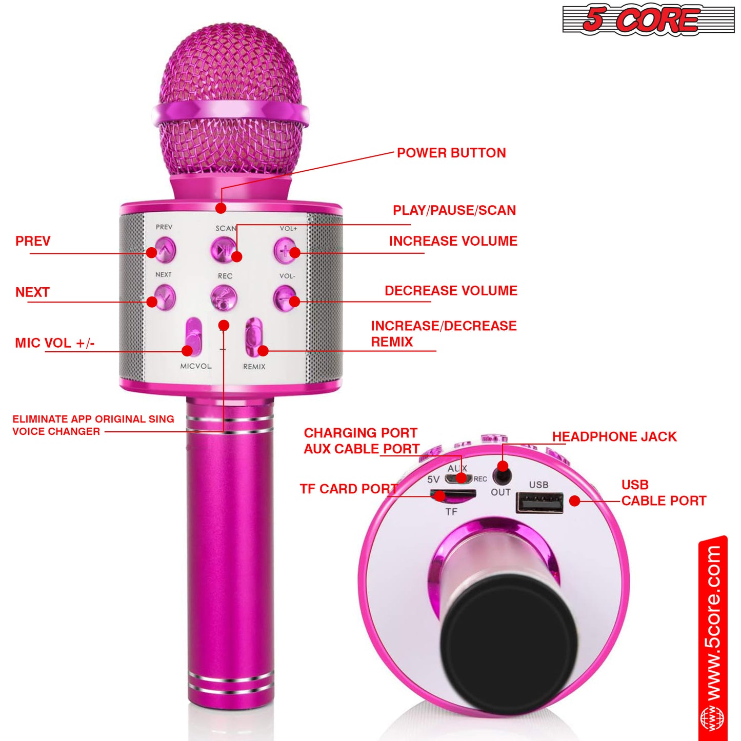 5 Core Karaoke Microphone Bluetooth Mic Portable Handheld Wireless Singing Machine Cordless Microfonos Inalambricos Professional for Adults Kids Toddler - WM SPK PINK