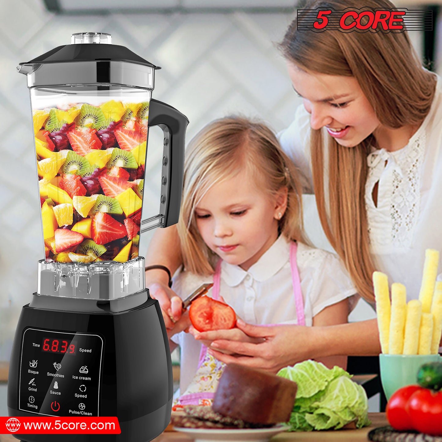 5 Core 2L Professional Countertop Blender Touch Screen For Kitchen 68 Oz 2000W High Speed BPA Free 6 Titanium Blade Smoothie Blender Electric For Soup Shake Juice Multi-Speed Digital JB 2000 D