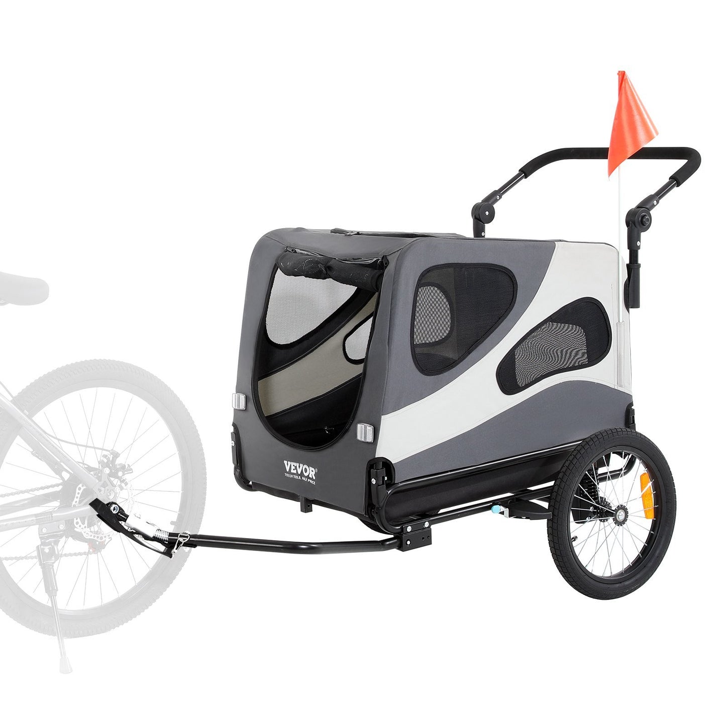 Dog Bike Trailer, Supports up to 100 lbs, 2-in-1 Pet Stroller Cart Bicycle Carrier, Easy Folding Cart Frame with Quick Release Wheels, Universal Bicycle Coupler, Reflectors, Flag, Black/Gray