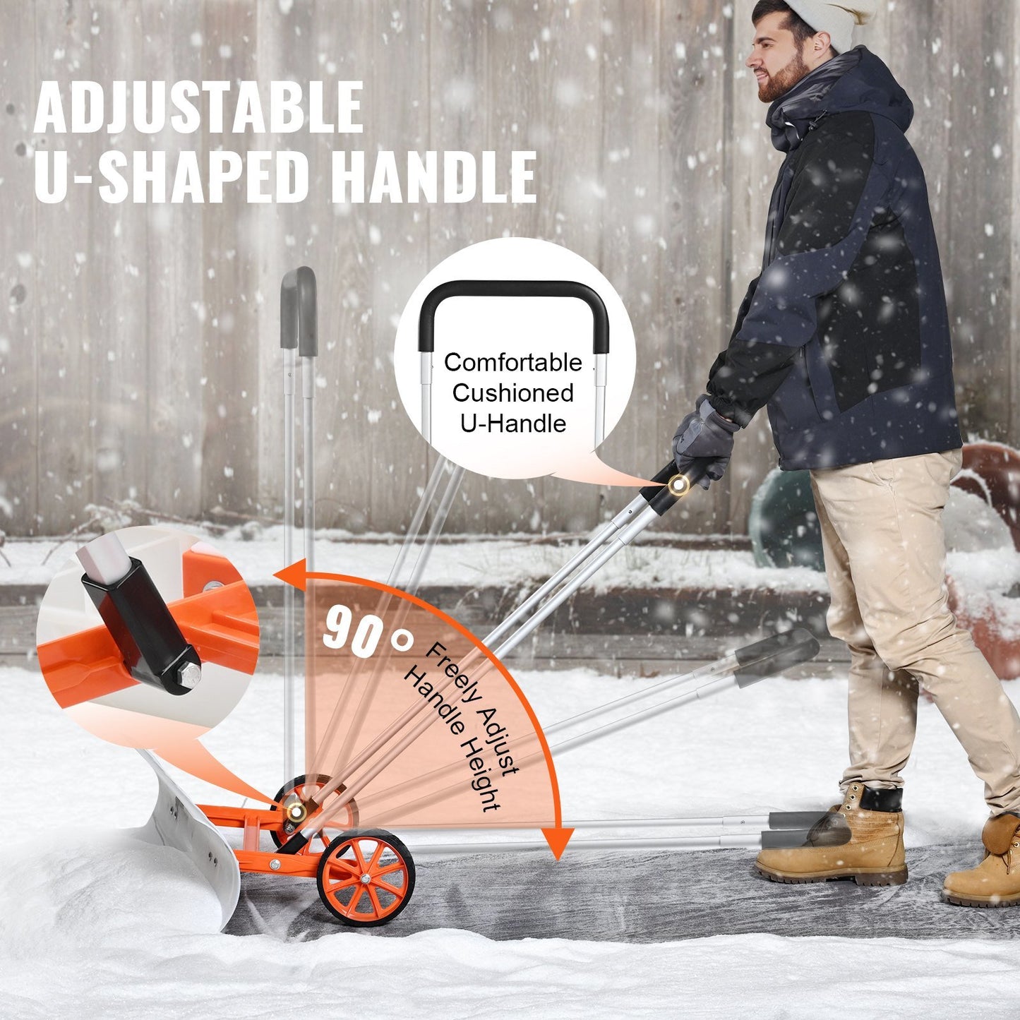 Snow Shovel with Wheels, 37 inch Snow Shovel for Driveway, ABS Snow Shovel Pusher for Snow Removal, Heavy Duty Shovel Pusher with Wide Blade and U-shaped Aluminum Alloy Handle