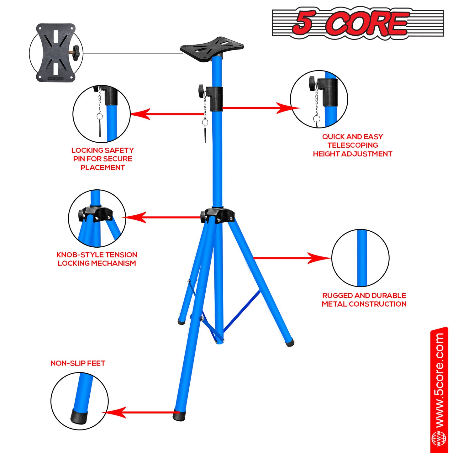 5 Core Speaker Stand Tripod Floor Heavy Duty Adjustable Up to 72 Inch DJ Studio Monitor Stands Pole Mount- SS HD SKY BLU BAG