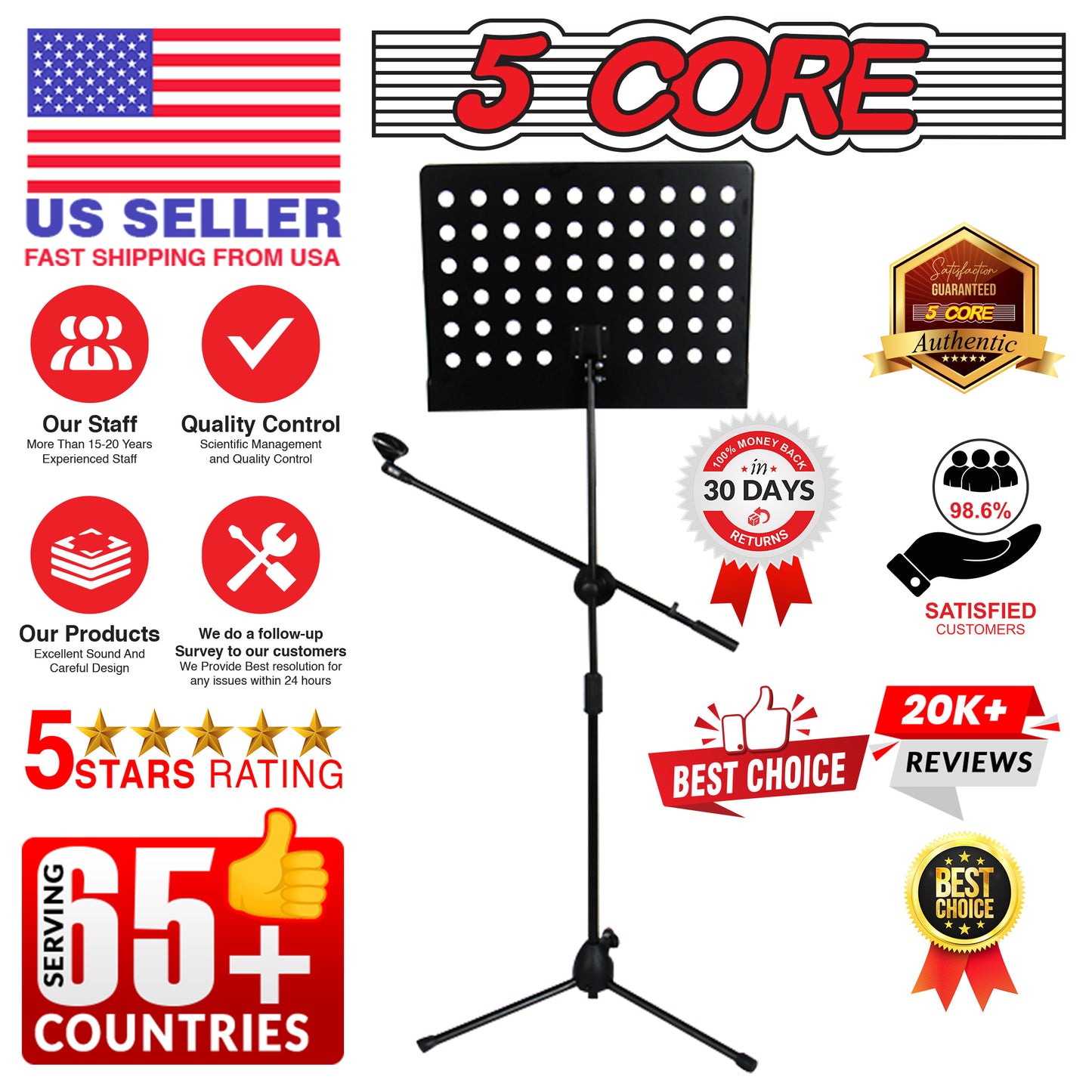 5 Core Music Stand 2-IN-1 Professional Portable Sheet Music Stand with Detachable Microphone Stand, 21.6'- 63' Adjustable Dual-Use Music Book Stand & Projector Stand, Super Sturdy Heavy Duty-MUS MH