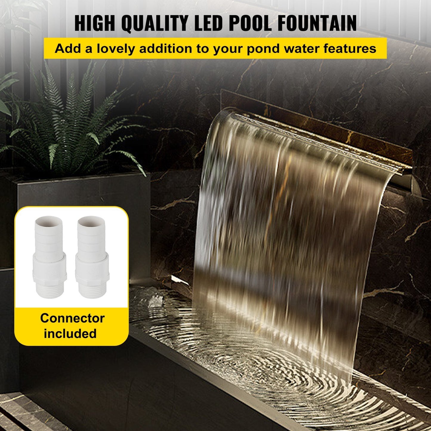 Pool Fountain 47.2" x 4.5" x 3.1" Stainless Steel Pool Waterfall with LED Strip Light Waterfall Spillway with Pipe Connector Rectangular Garden Outdoor