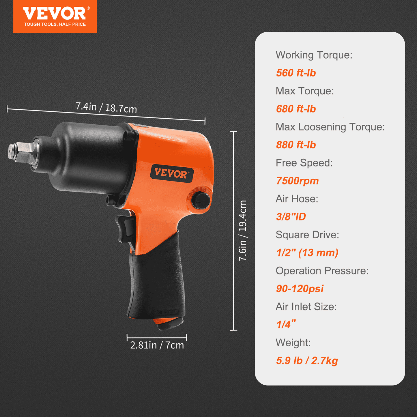 Air Impact Wrench, 1/2" Drive Air Impact Gun Up to 880ft-lbs Nut-busting Torque, 7500RPM Lightweight Pneumatic Tool for Auto Repairs and Maintenance