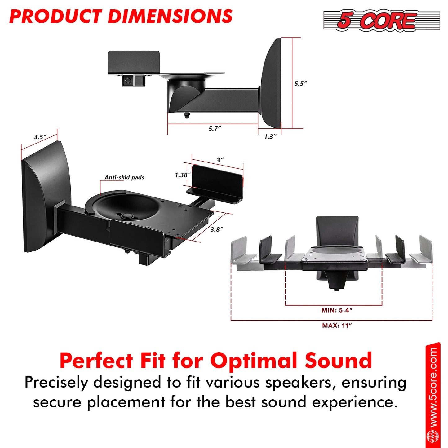 5 Core Speaker Wall Mount Adjustable Shelf Holder Swivel 180 Degree Bookshelf Brackets - 11 Inch Space for Speakers Pair Holds Upto - 55lbs WST 04-11 PAIR