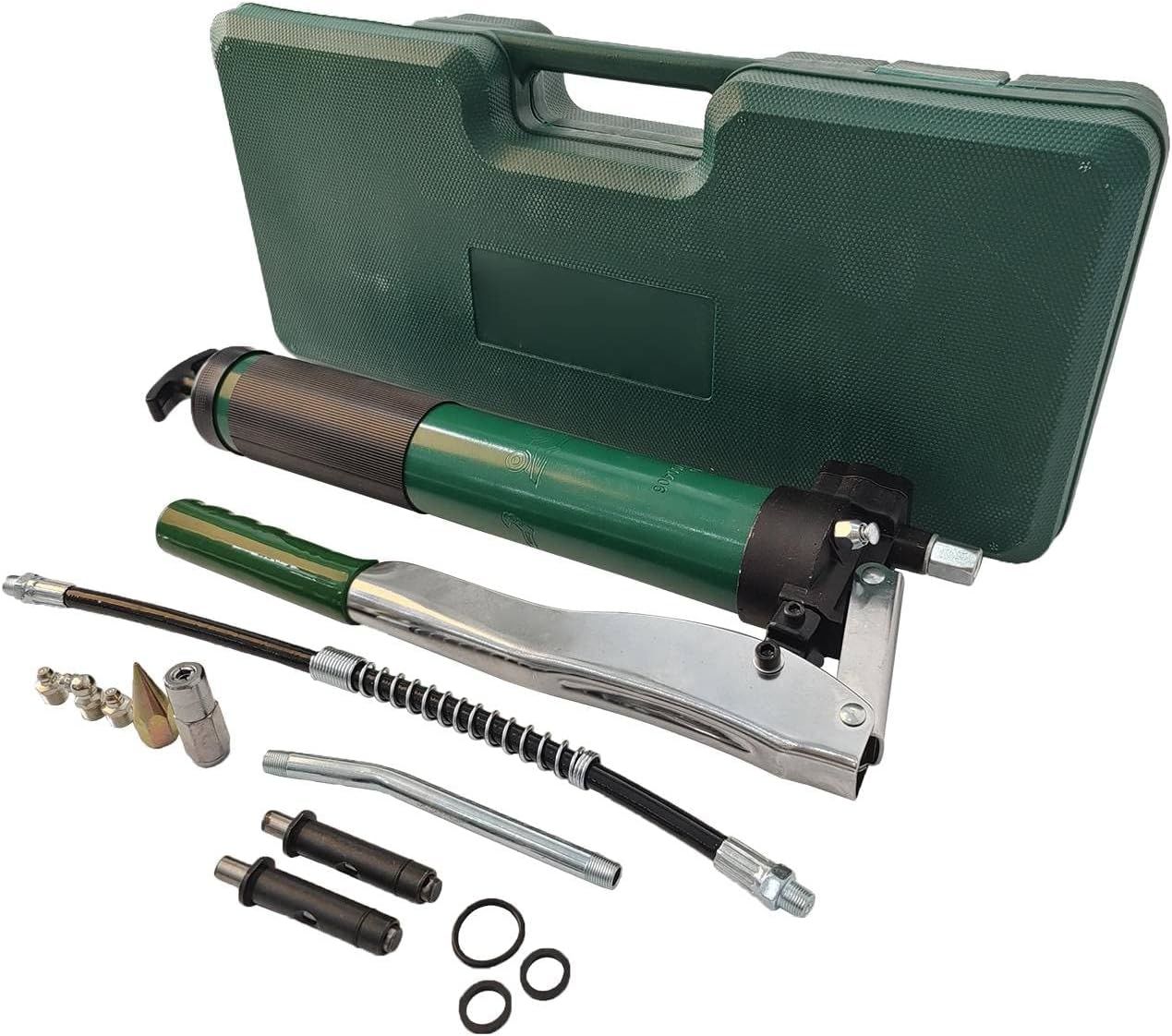 Lever Handle High Pressure System Grease Gun, Grease Gun Includes 12" Reinforced Flex Hose & 7" Rigid Extension, Heavy Duty 600CC 10000 PSI Resistant zinc alloy(Locks on, Stays on, Won't Leak)