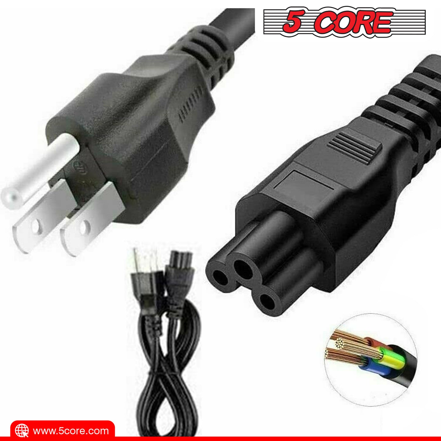 5 Core 12ft 3 Prong Non-Polarized AC Wall Power Cable Cord for HP Dell Samsung Sony Asus Acer Toshiba Laptop Charger LED LCD Monitor Replacement Power Cord PL 1002